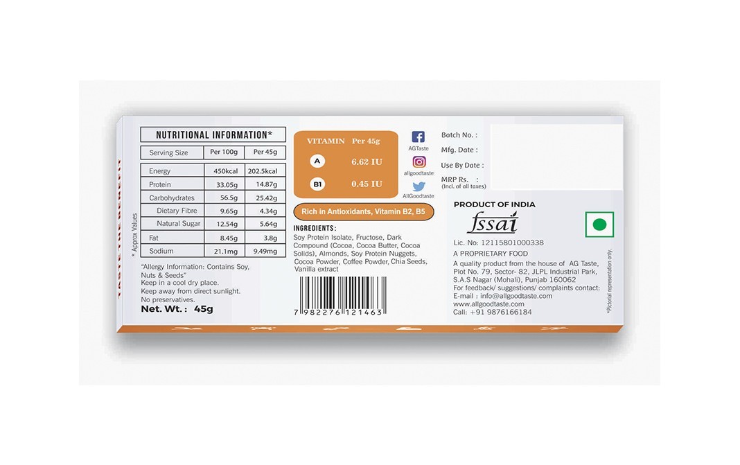 All Good Taste Protein Bar Vanilla Coffee Almond   Box  45 grams